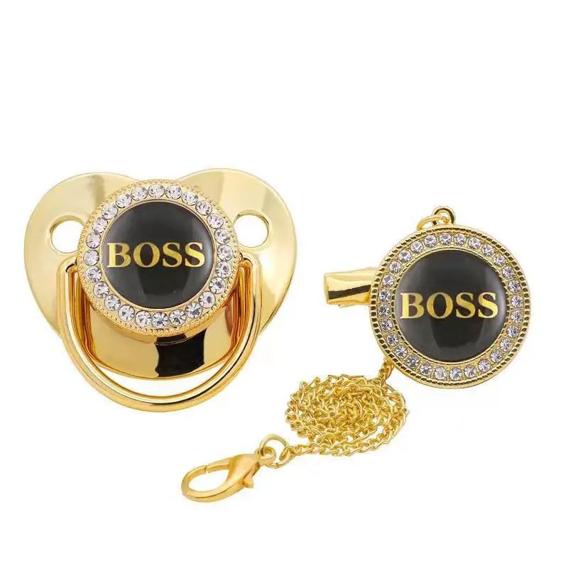 Baby Pacifier with Chain Clip Newborn Baby Nipple BPA Free BOSS Print Luxury Bling Pacifier Silicone Dummy Soother Chupeta